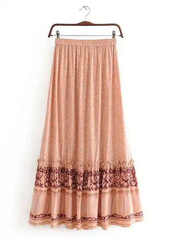 Maxi Boho Skirt Pink melon floral pattern