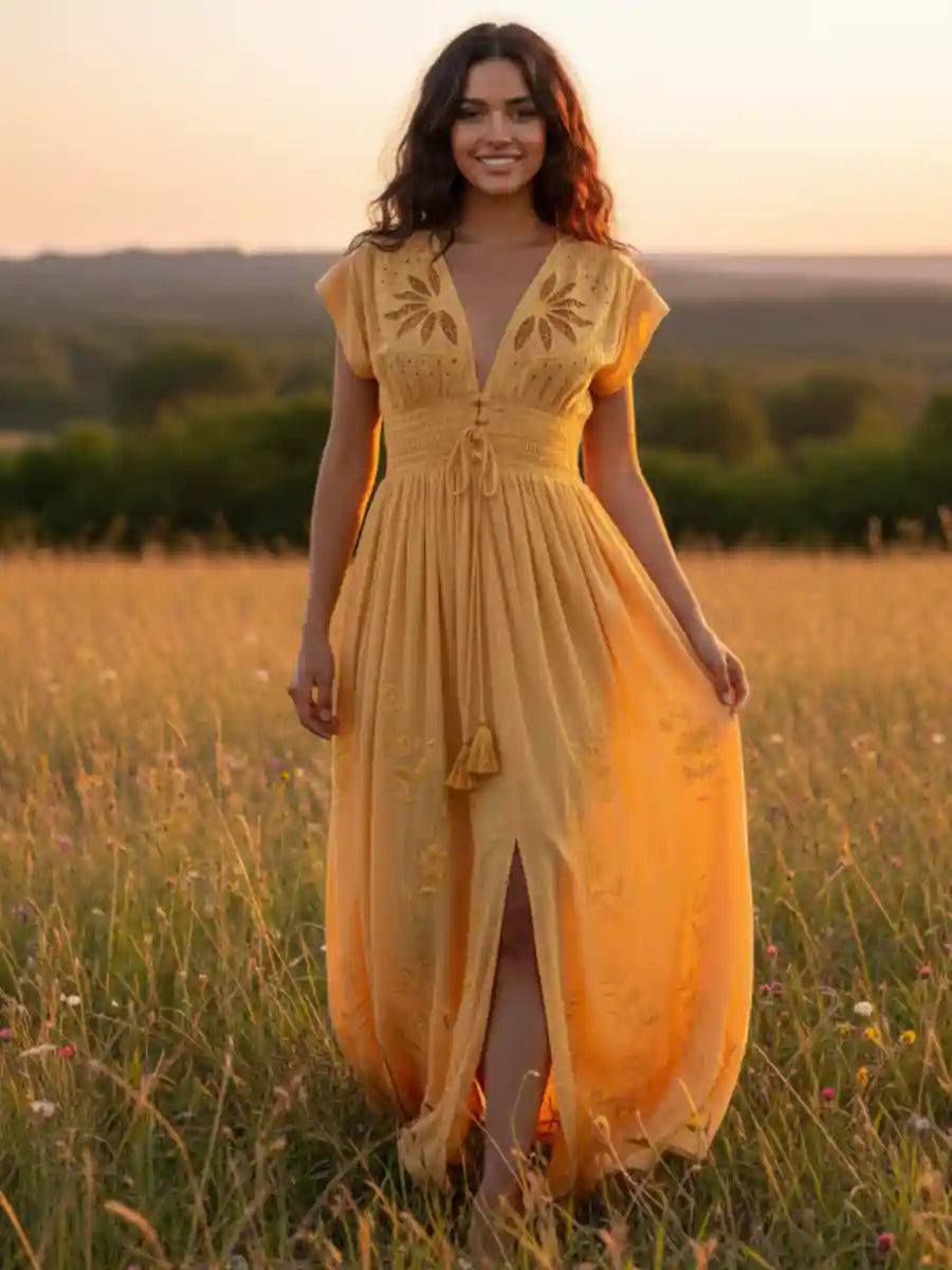 Maxi Long Bohemian Split Dress in Yellow