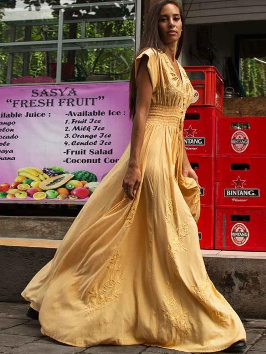 Maxi Long Bohemian Split Dress in Yellow