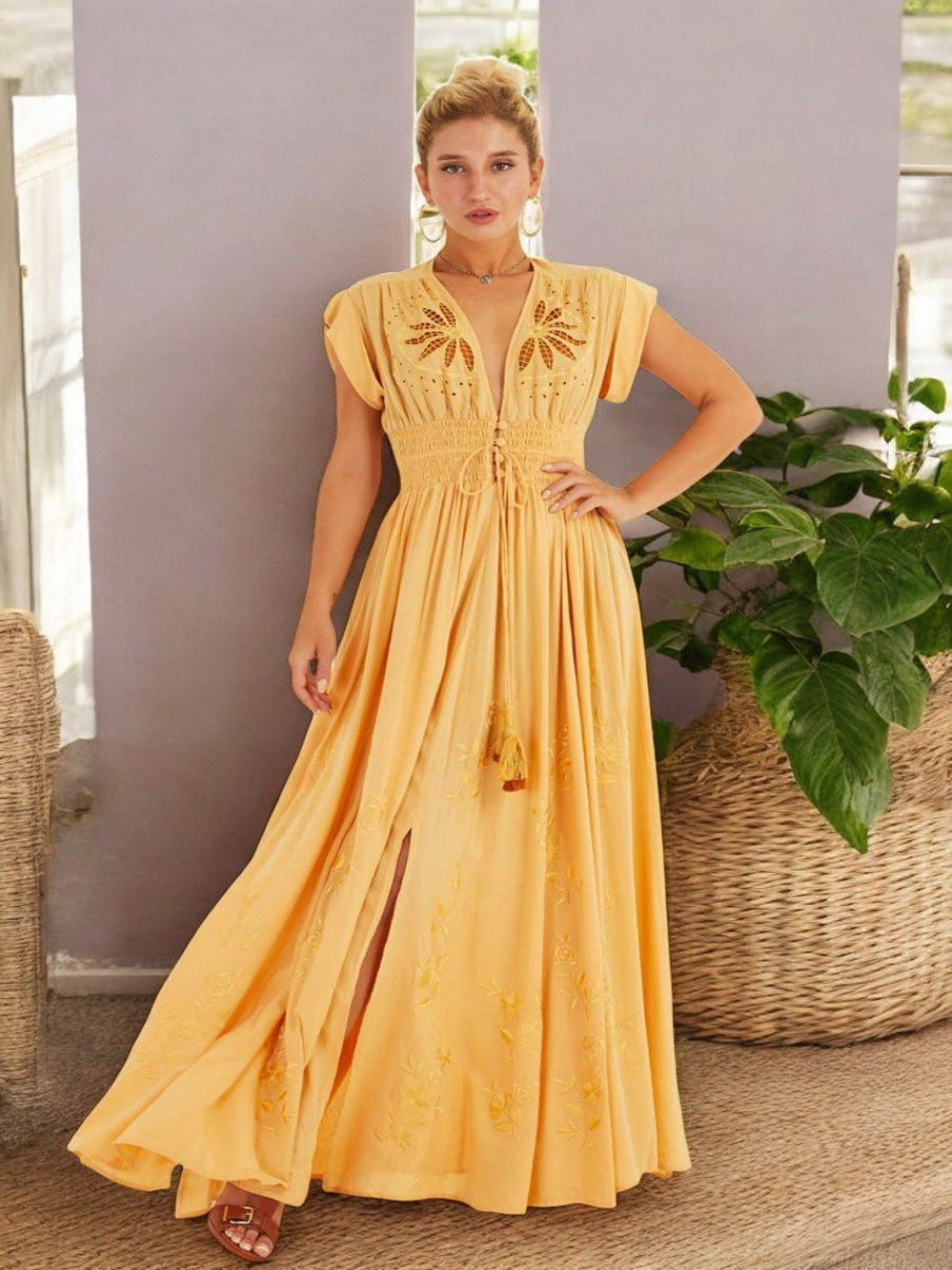 Maxi Long Bohemian Split Dress in Yellow