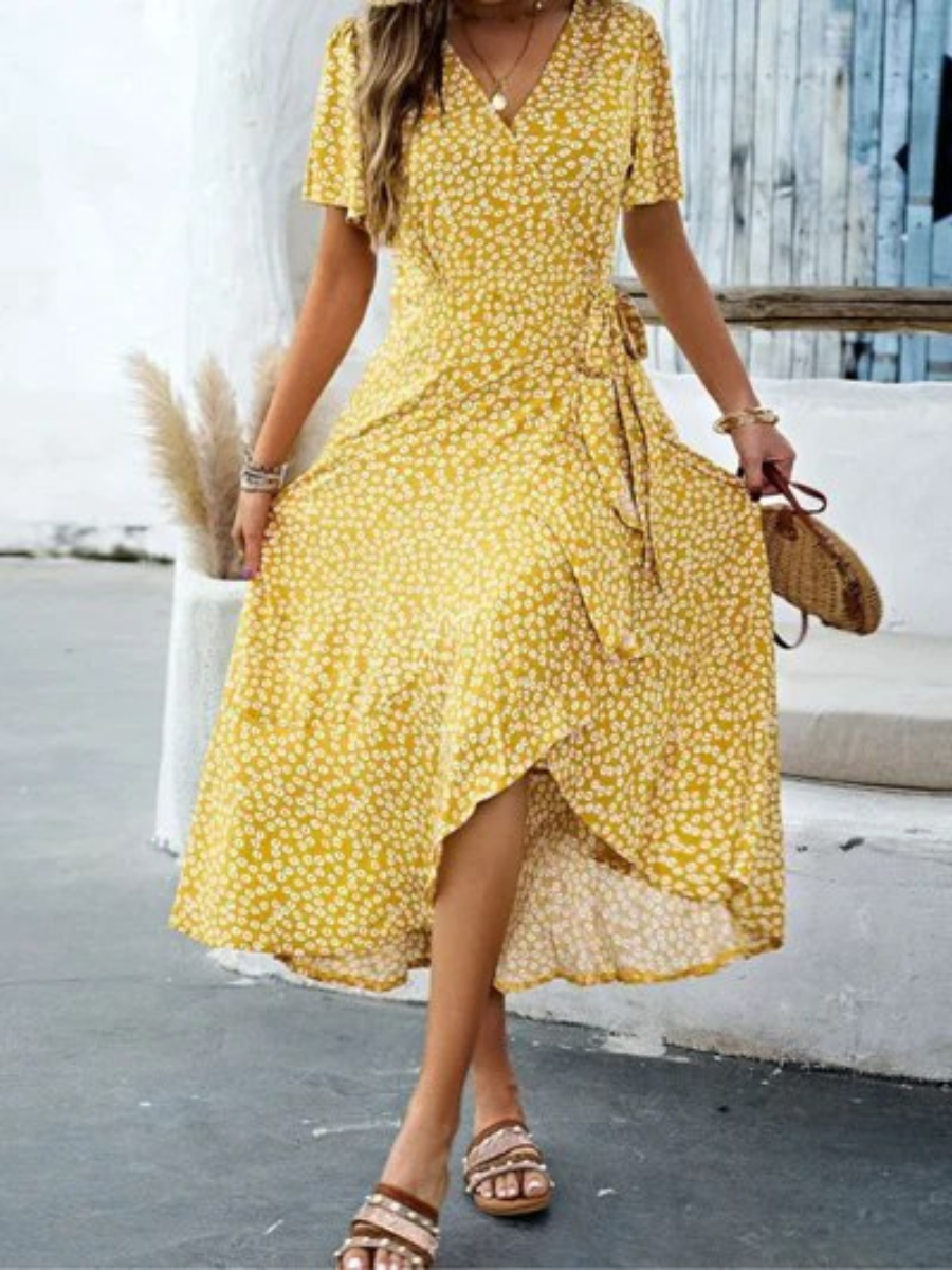 Mid-Length Boho Dress in with Sunflower Print