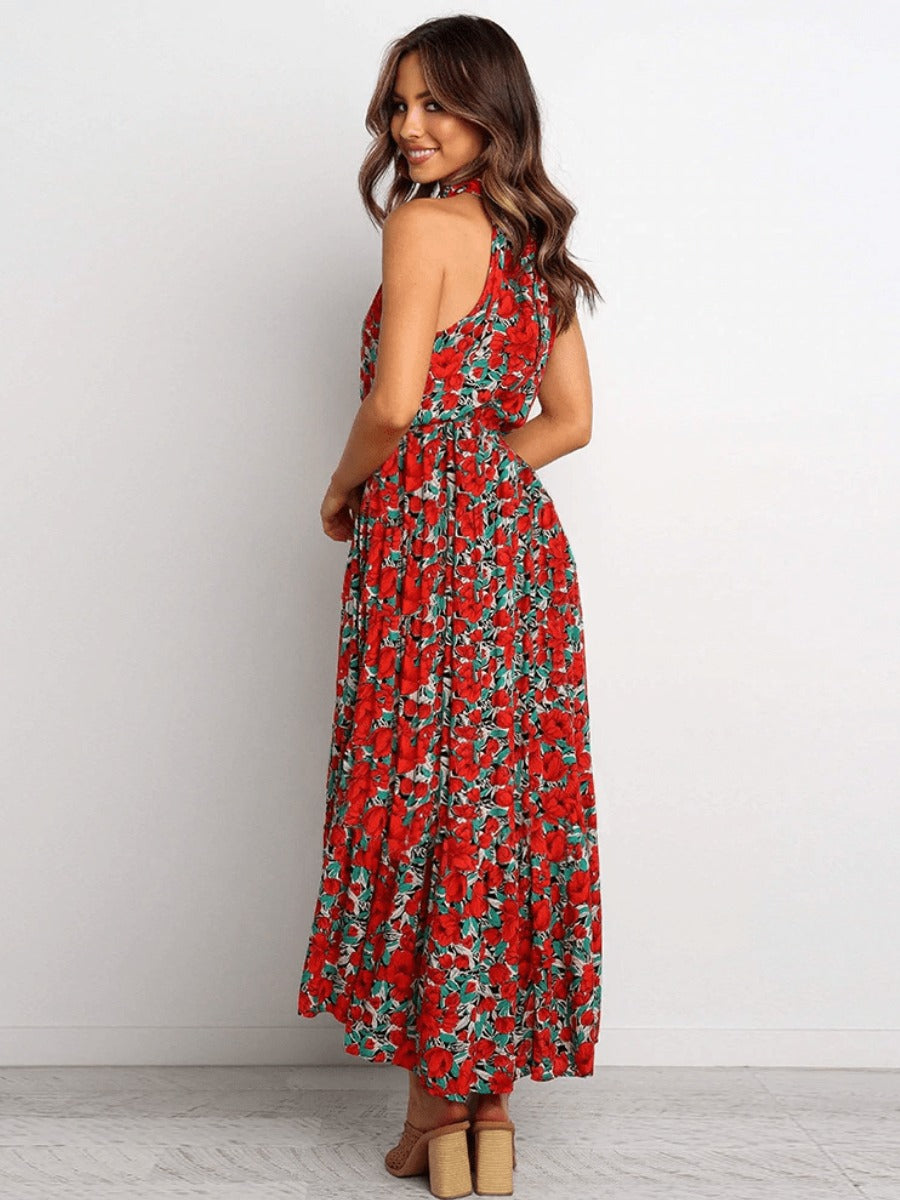 Mid-Length Boho Dress with Red/Blue Flowers