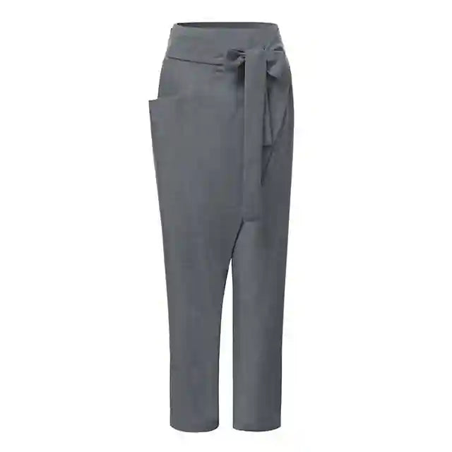 Mid-length Pants with pockets, zipper fly with tie belt