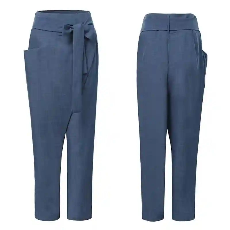 Mid-length Pants with pockets, zipper fly with tie belt