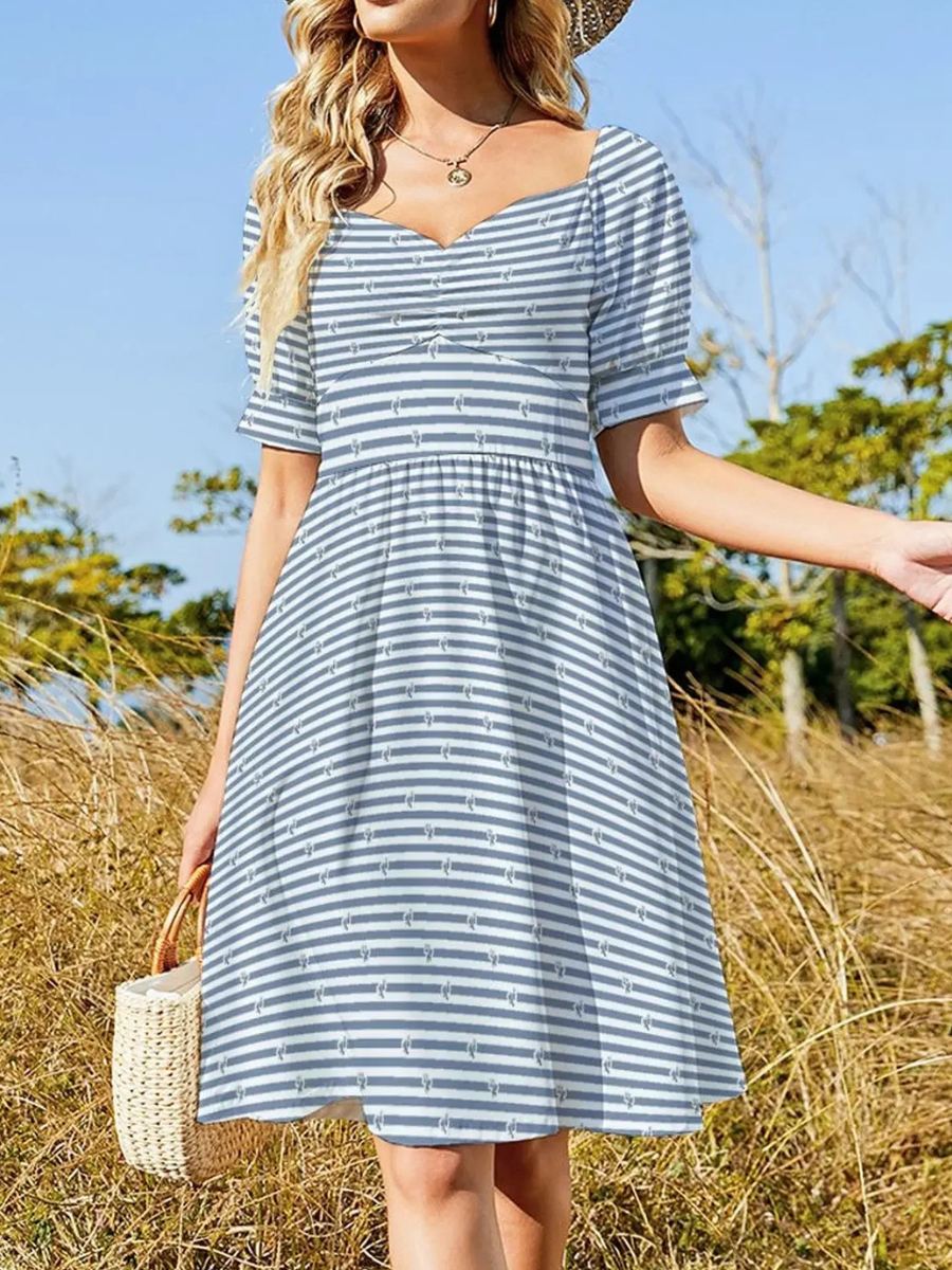 Mini Bohemian Dress with Blue and White Stripes