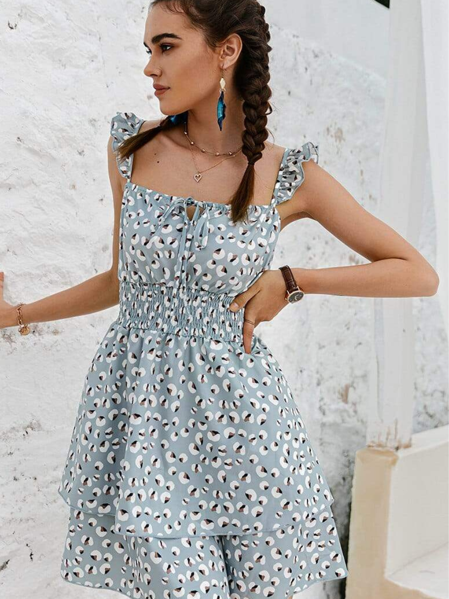 Mini Boho Dress with Geometric Print in Green Dress