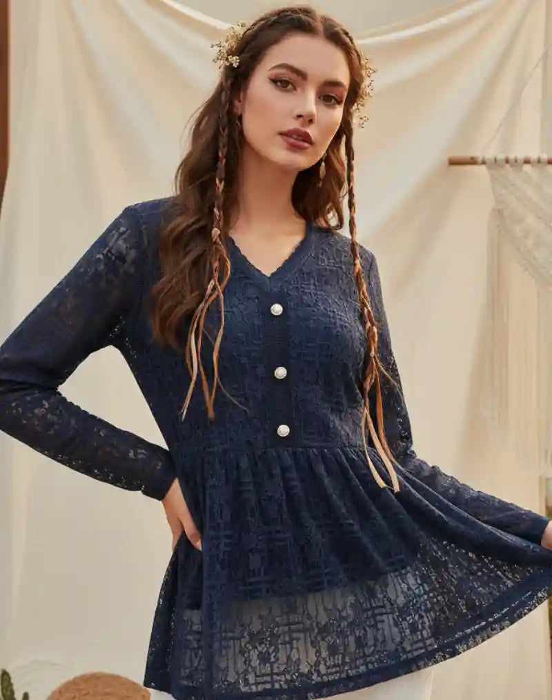 Navy Blue Boho Lace Blouse for Women