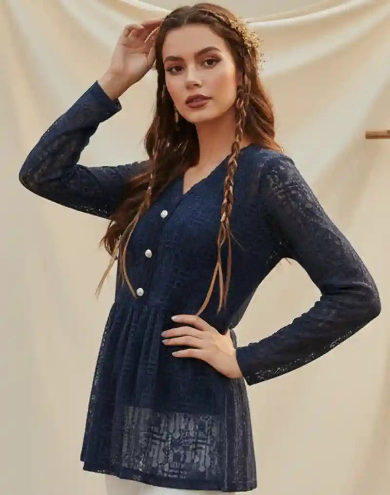 Navy Blue Boho Lace Blouse for Women