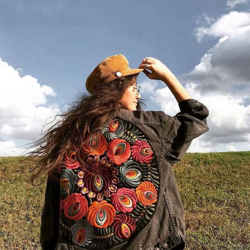 Oversized Boho denim jacket with colorful embroidery on the back