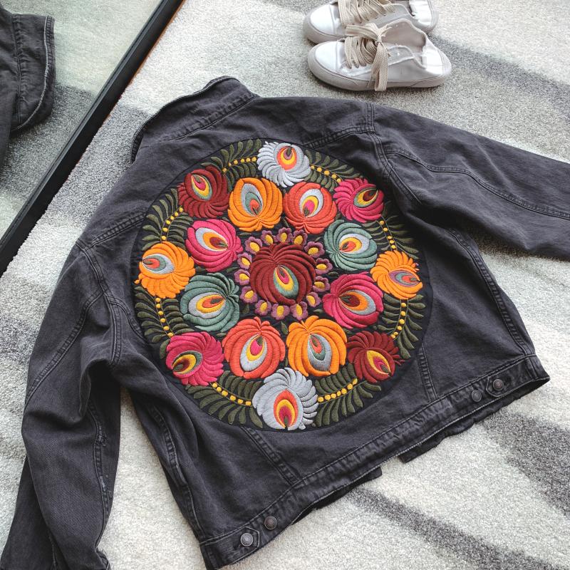 Oversized Boho denim jacket with colorful embroidery on the back