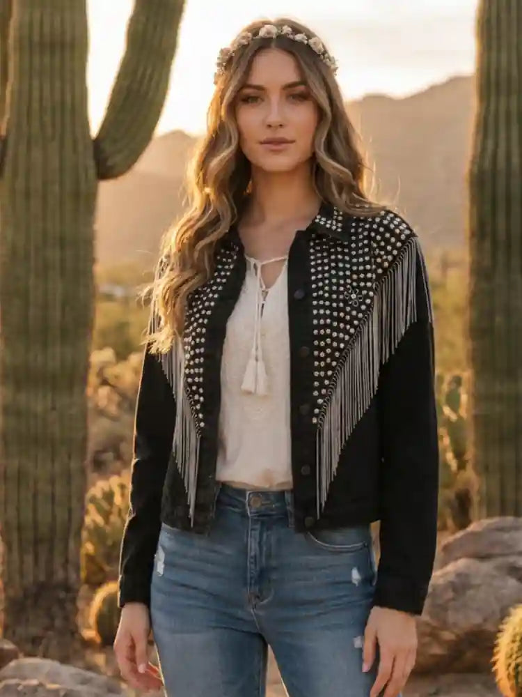 Oversized Denim Boho Fringe Jacket