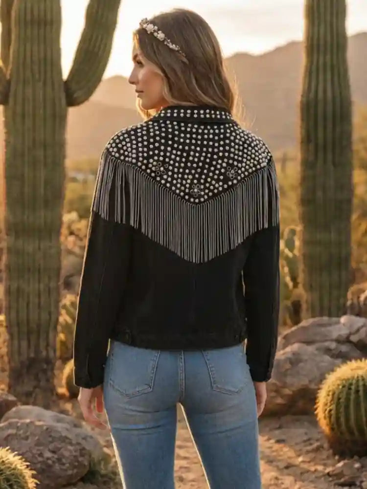 Oversized Denim Boho Fringe Jacket