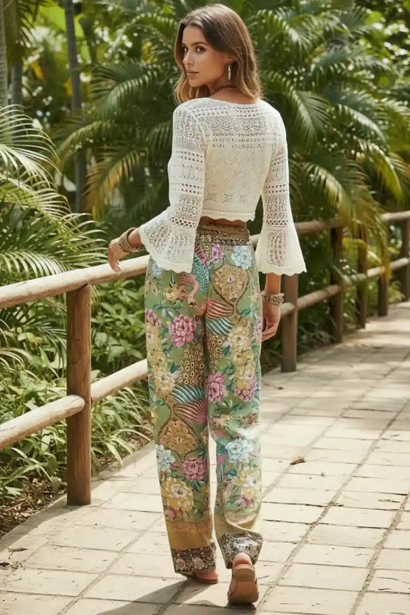 Peacock Print Wide Leg Boho Pants