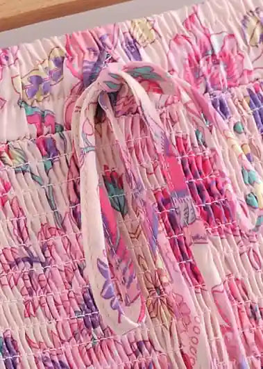 Pink Boho long Skirt with smocked waist, floral pattern with slit