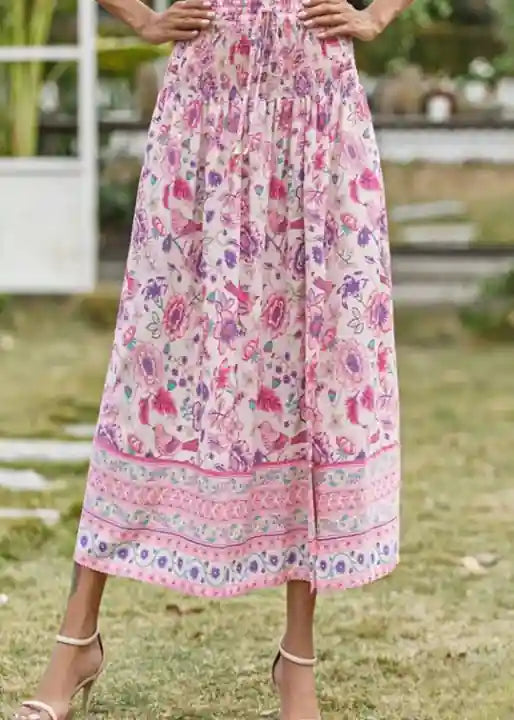 Pink Boho long Skirt with smocked waist, floral pattern with slit