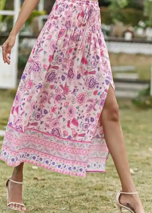Pink Boho long Skirt with smocked waist, floral pattern with slit