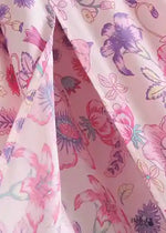 Pink Boho long Skirt with smocked waist, floral pattern with slit