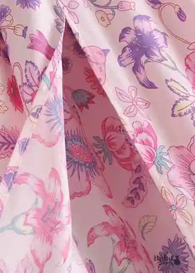 Pink Boho long Skirt with smocked waist, floral pattern with slit