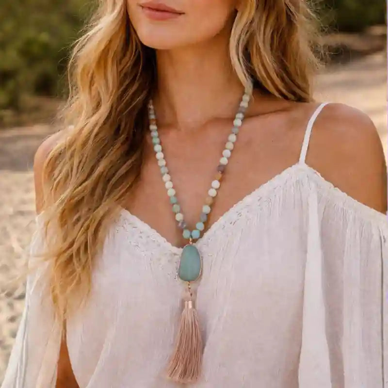 Pompom Pendant Boho Beads Necklace