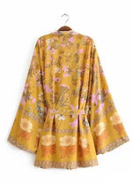 Pretty Yellow Floral Belted Kimono