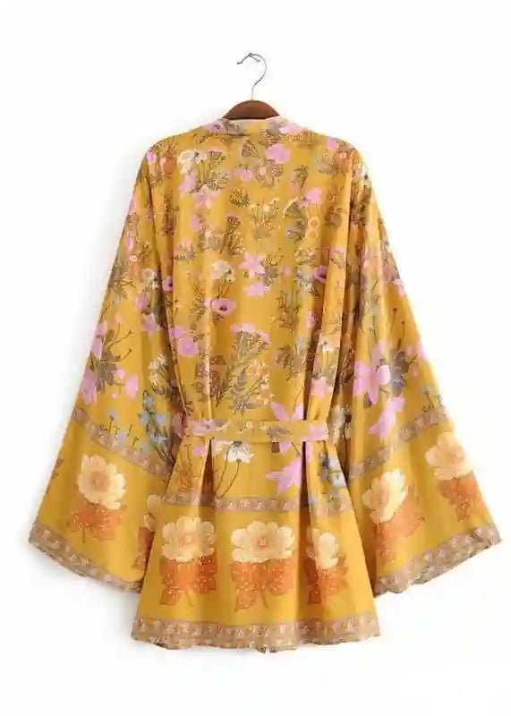 Pretty Yellow Floral Belted Kimono