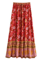 Red Boho Chic Long Skirt with colorful floral pattern