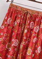 Red Boho Chic Long Skirt with colorful floral pattern