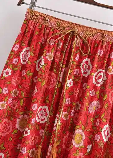 Red Boho Chic Long Skirt with colorful floral pattern