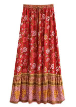 Red Boho Chic Long Skirt with colorful floral pattern