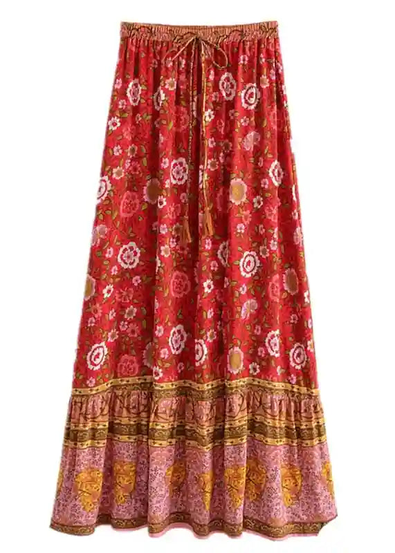 Red Boho Chic Long Skirt with colorful floral pattern