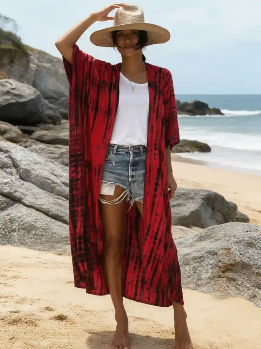 Red Boho Tie Dye Beach Kimono