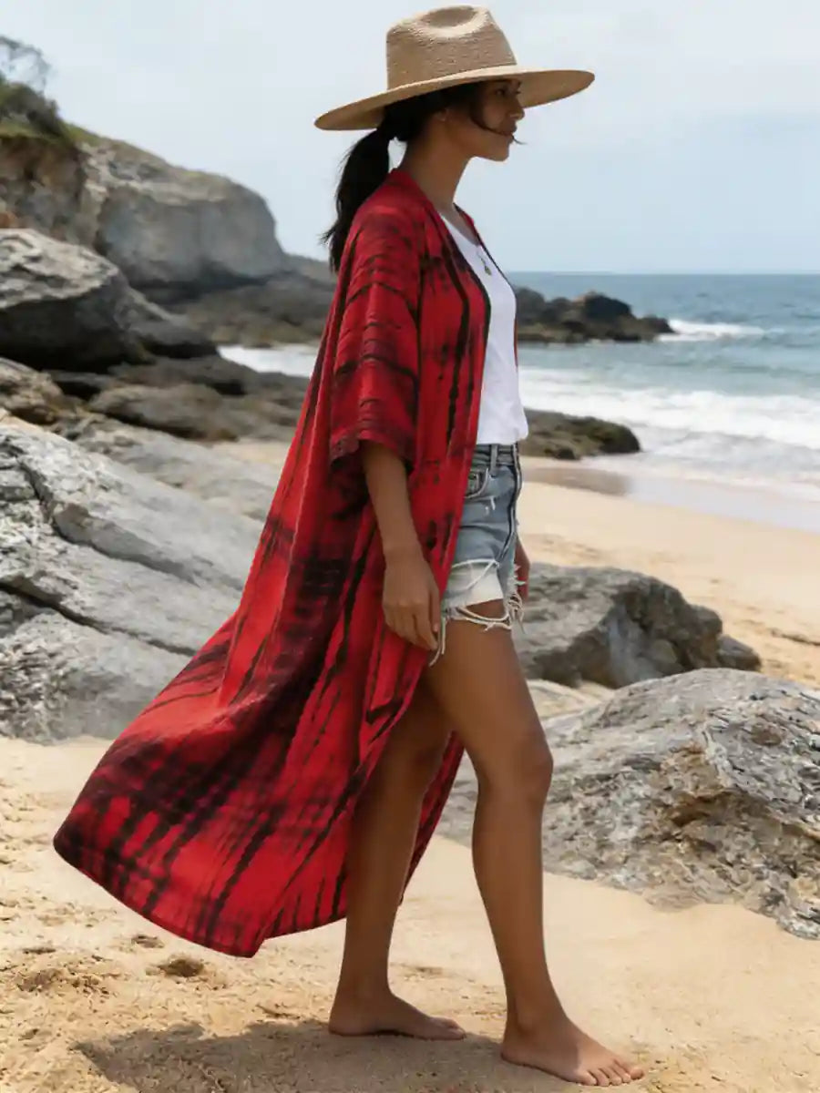 Red Boho Tie Dye Beach Kimono