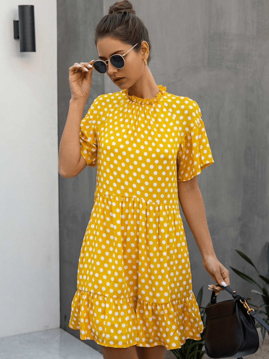 Retro Boho Dress in Yellow with Polka Dots