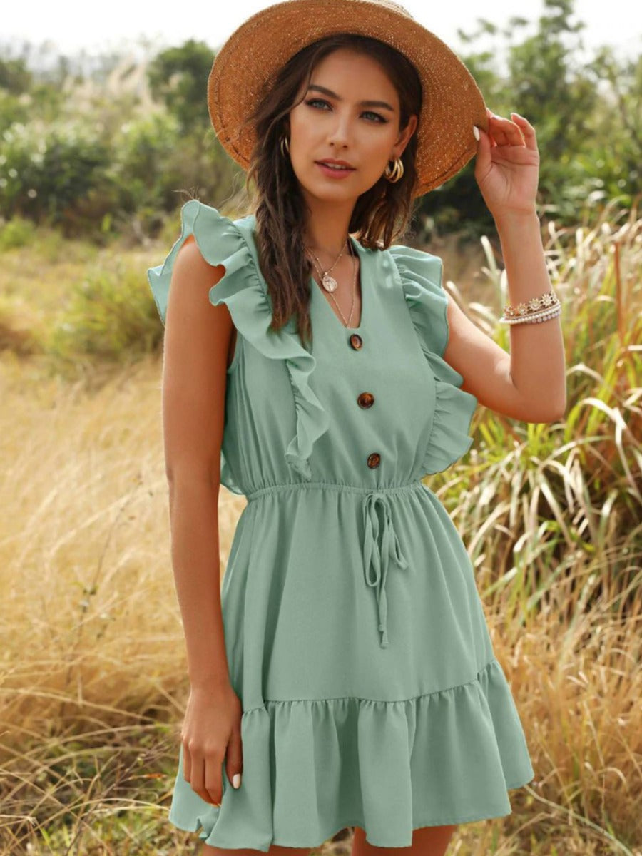 Ruffled Green Mini Hippie Dress