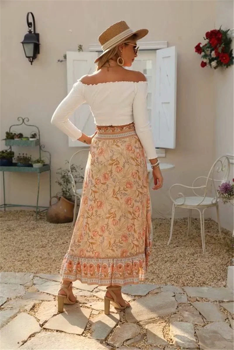 Boho Long Flared Skirt asymmetrical pink orange floral pattern