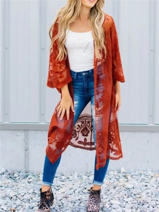 Long Boho lace Kimono with flared sleeves