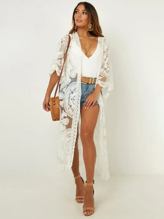 Long Boho lace Kimono with flared sleeves