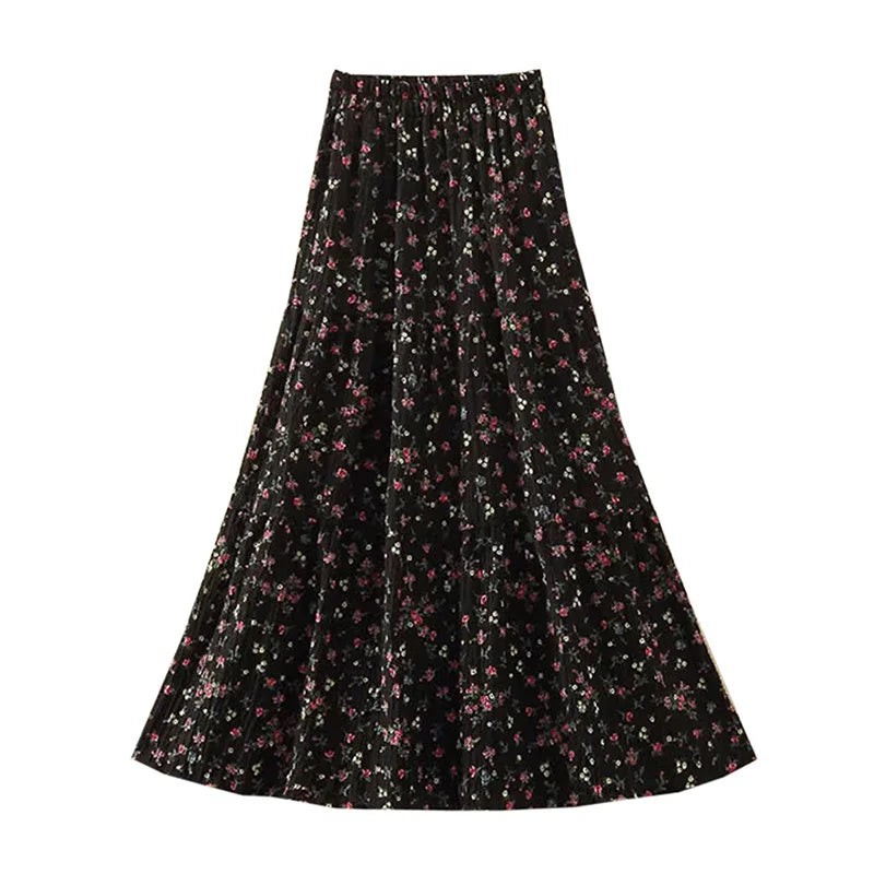 Boho Romantic Long Pleated Skirt with Floral Print in Beige
