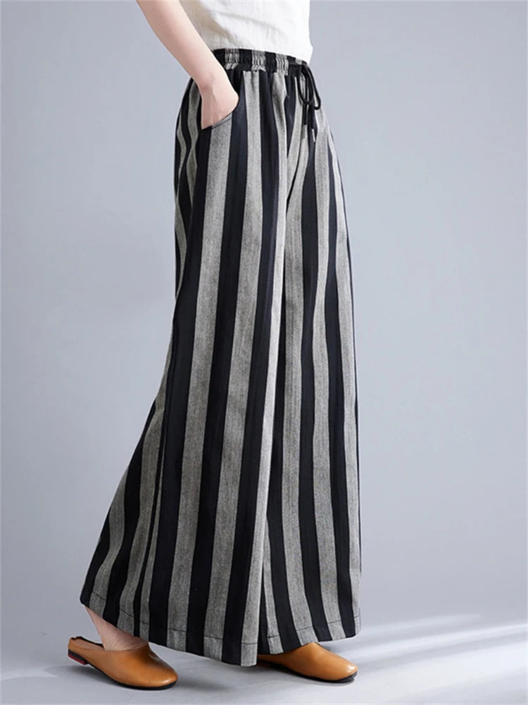 Boho Fluid Striped Split Black Pants