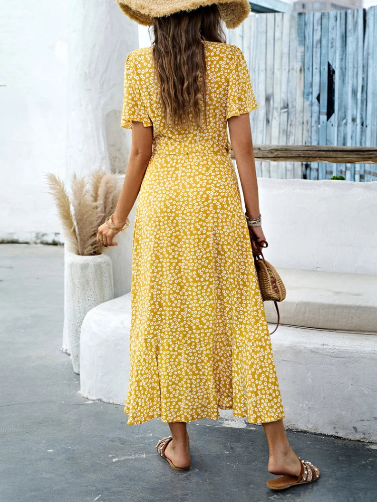 Mid-Length Boho Dress in with Sunflower Print