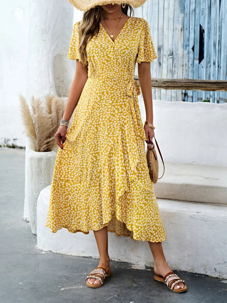 Mid-Length Boho Dress in with Sunflower Print