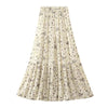 Boho Romantic Long Pleated Skirt with Floral Print in Beige