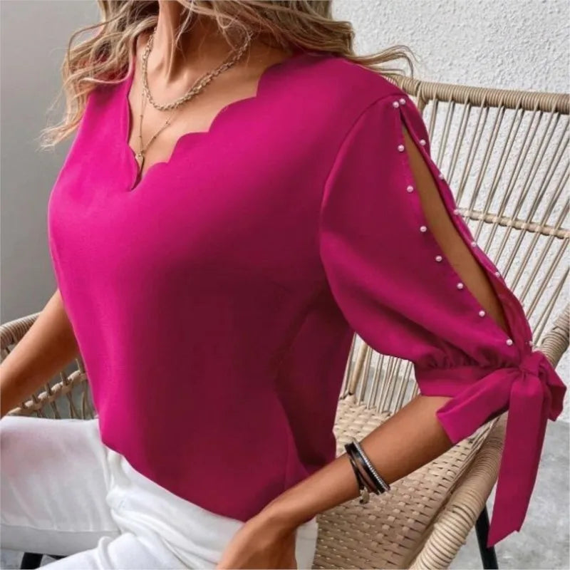 Boho Garnet Blouse with Split Sleeves Pearls
