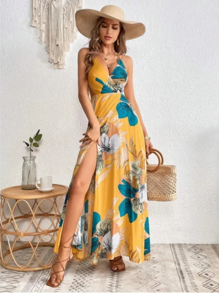 Boho Floral Print Split Maxi Dress