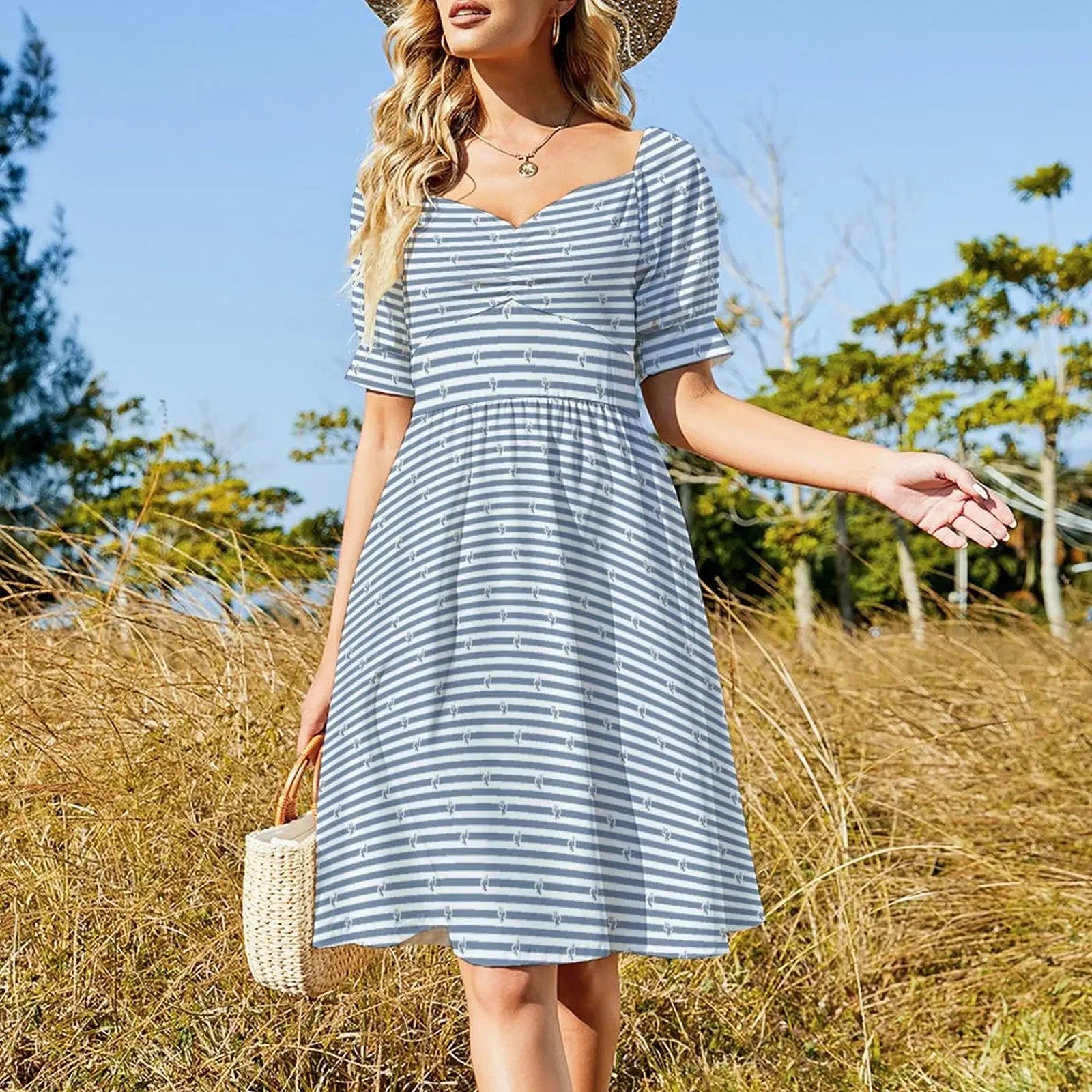 Mini Bohemian Dress with Blue and White Stripes