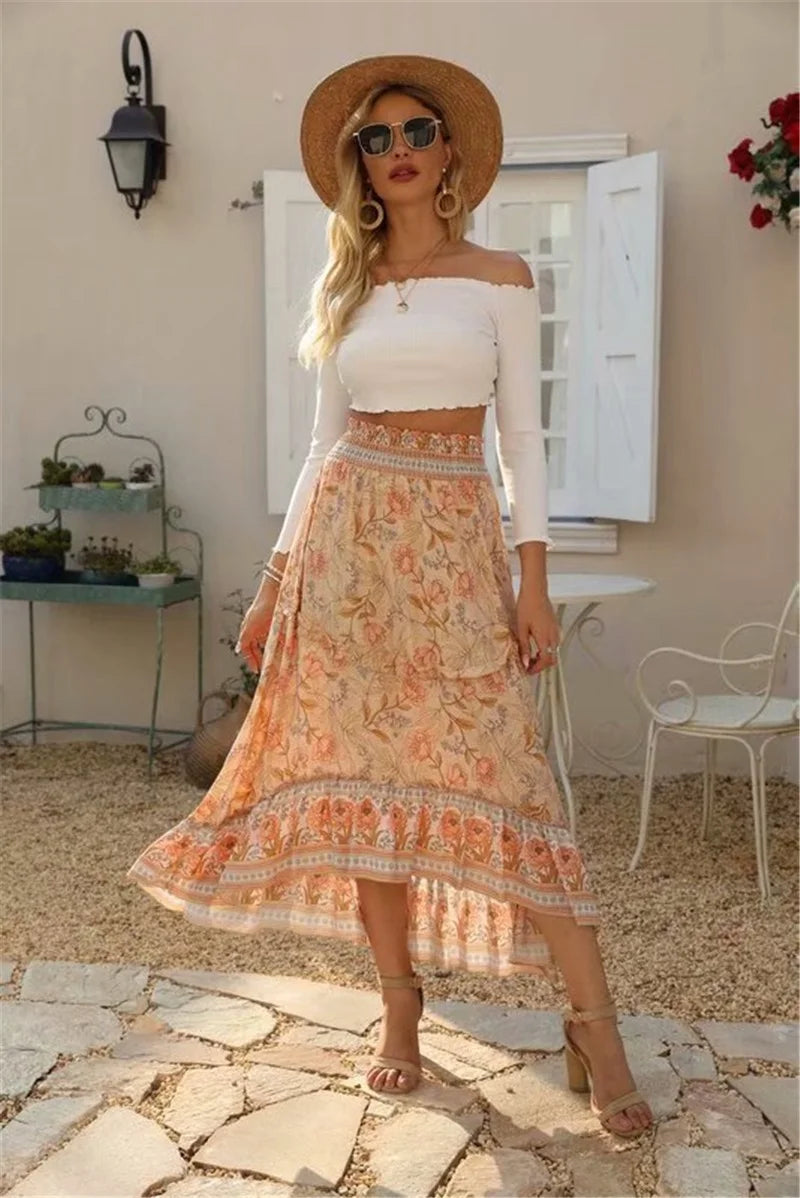 Boho Long Flared Skirt asymmetrical pink orange floral pattern