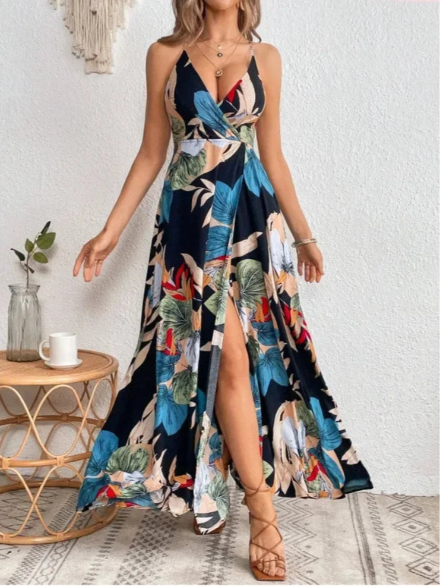 Boho Floral Print Split Maxi Dress