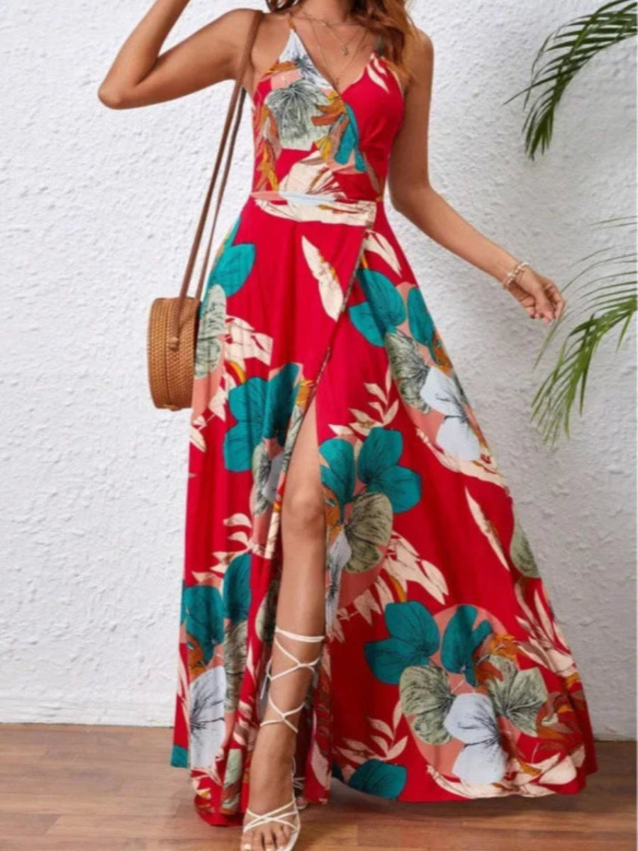 Boho Floral Print Split Maxi Dress