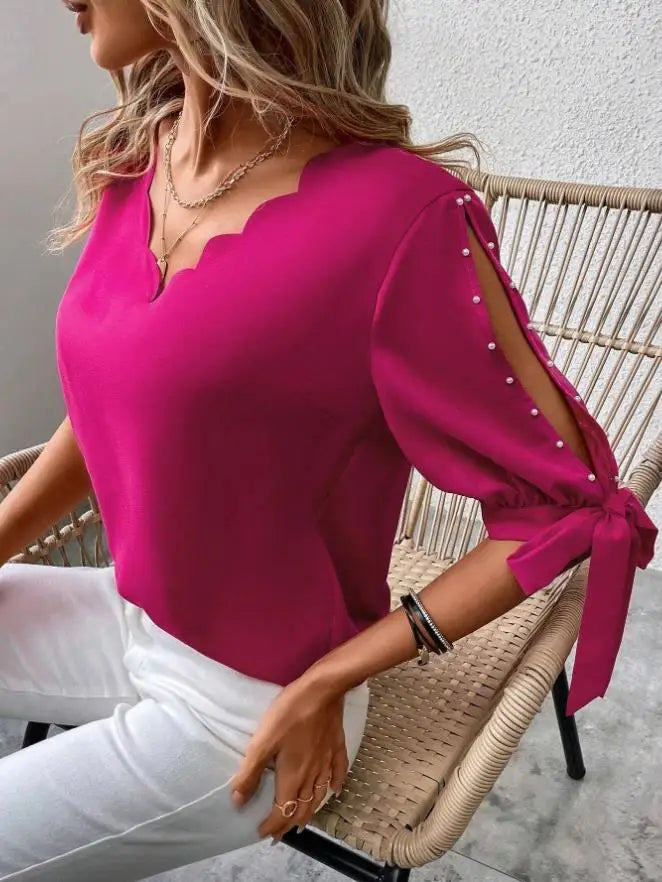 Boho Garnet Blouse with Split Sleeves Pearls