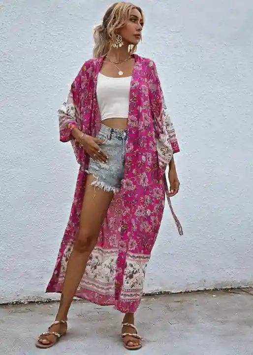 Summer Long Boho Kimono Pink Floral